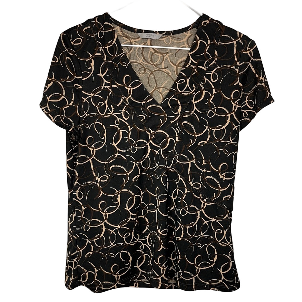 Marks and Spencer Abstract Print Top Black Beige Size 12
